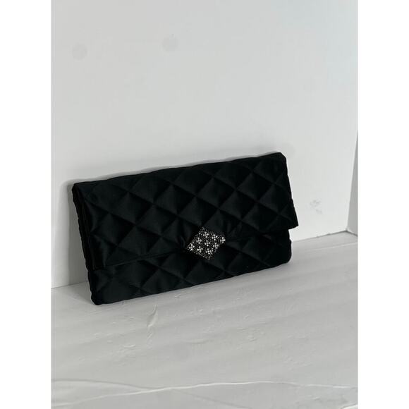 KATE LANDRY Black Clutch Quilted Vtg Purse Evening Folder Bag With Rhinestone - Picture 5 of 16